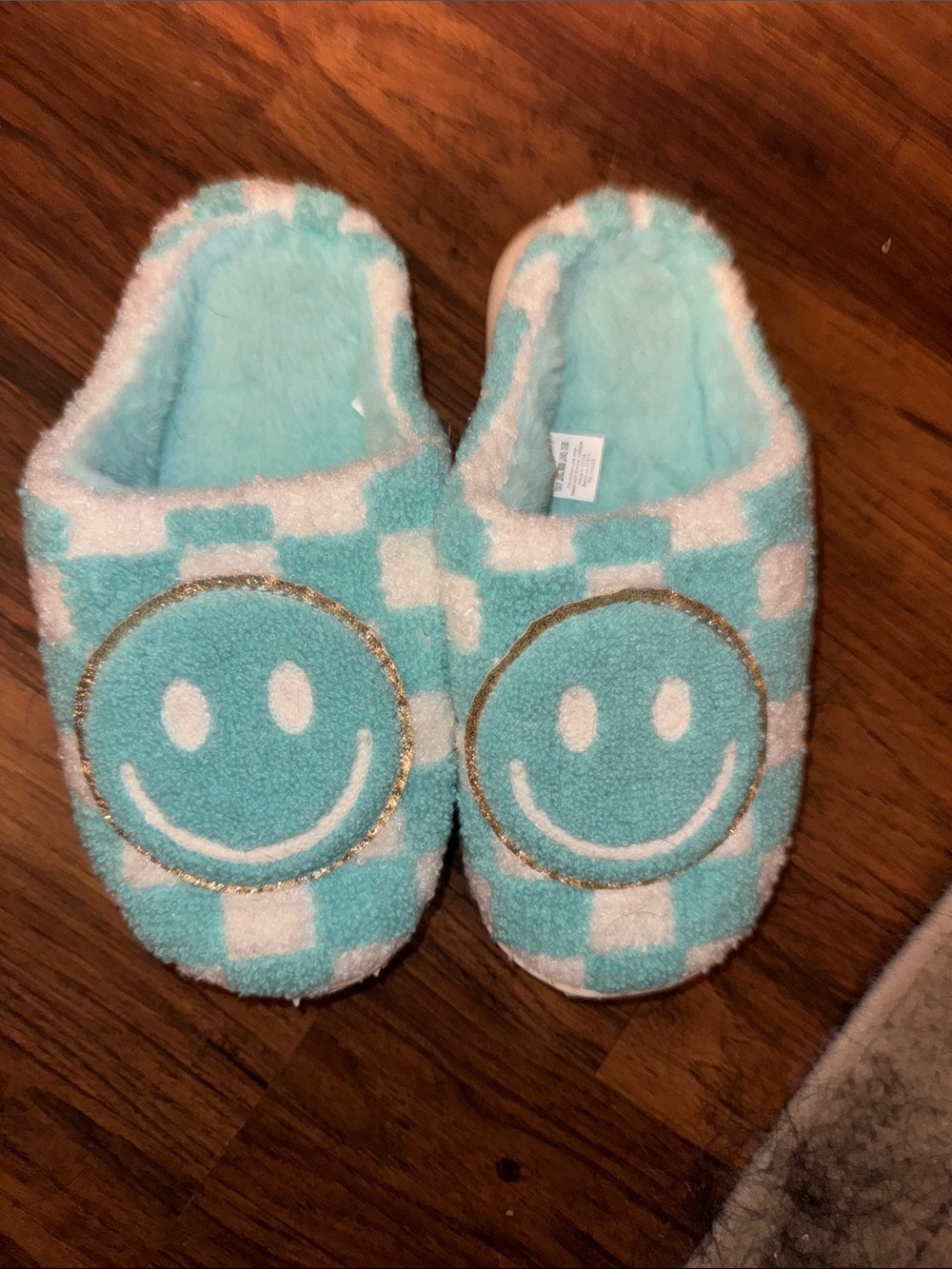 Women’s Plush Smiley Slipper - Light Blue and White